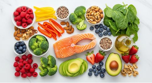 Colorful anti-inflammatory foods including salmon vegetables and berries