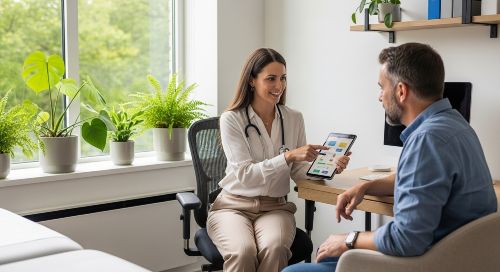 Patient and doctor collaborating on chronic disease treatment plan during medical appointment