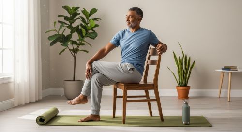 Man practicing gentle chair yoga as low-impact exercise for chronic illness management