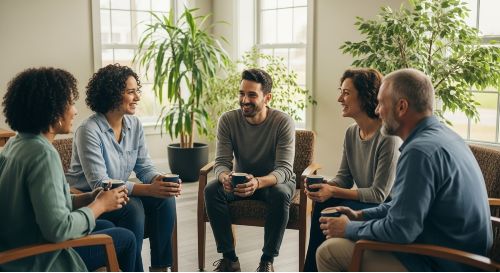 Diverse support group meeting with people sharing chronic illness experiences and encouragement