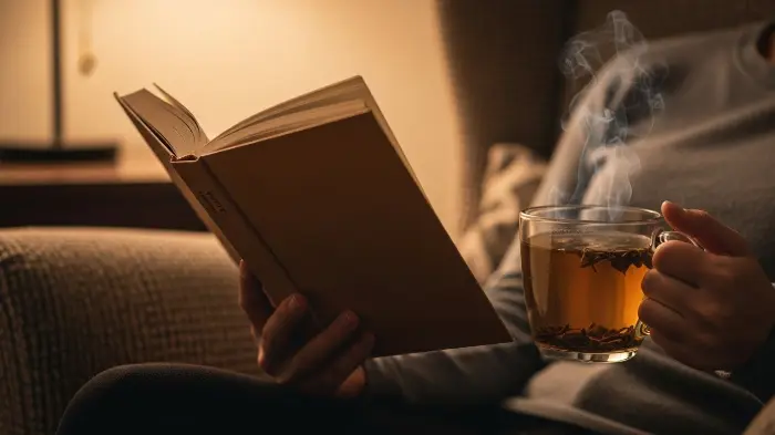 A person relaxing with a book and tea as part of their bedtime routine for adults.