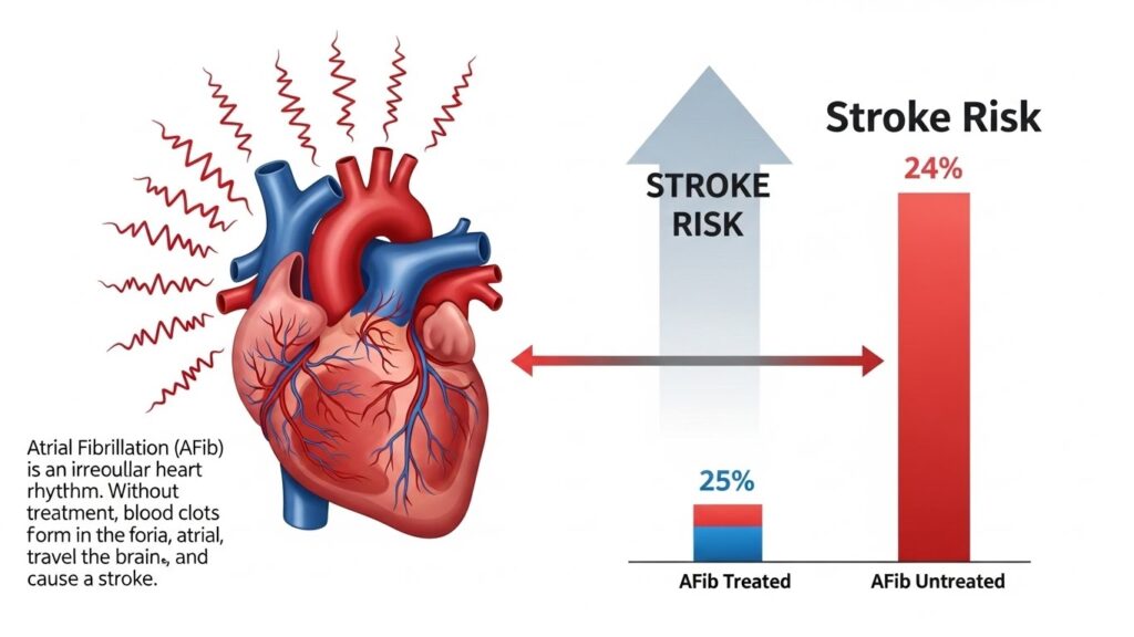 Stroke risk increase with atrial fibrillation untreated