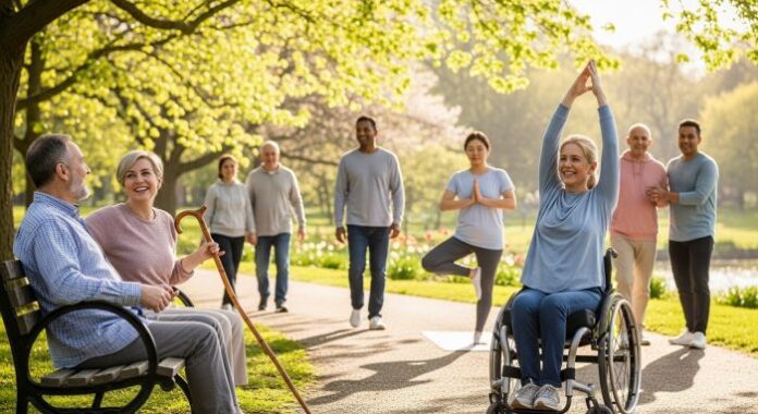 Diverse people living actively and happily with chronic illnesses in sunny park