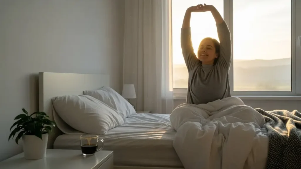 Person waking up refreshed and smiling after learning how to fix your sleep cycle naturally.