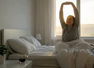 How to Fix Your Sleep Cycle Naturally Without Pills Person waking up refreshed and smiling after learning how to fix your sleep cycle naturally.