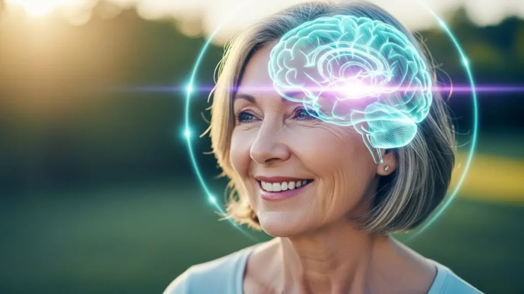 A senior woman smiling with an illustration of a healthy brain, representing lifestyle changes to prevent Alzheimer's disease.