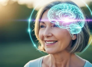 Lifestyle changes to prevent Alzheimer’s disease A senior woman smiling with an illustration of a healthy brain, representing lifestyle changes to prevent Alzheimer's disease.